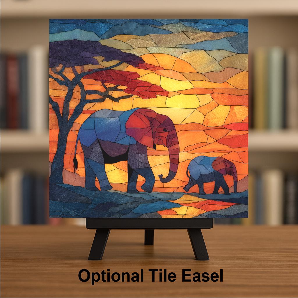 Elephant Family Wall Art Ceramic Tile Stained Glass Style Safari Gift African Wildlife Nature Decor Art