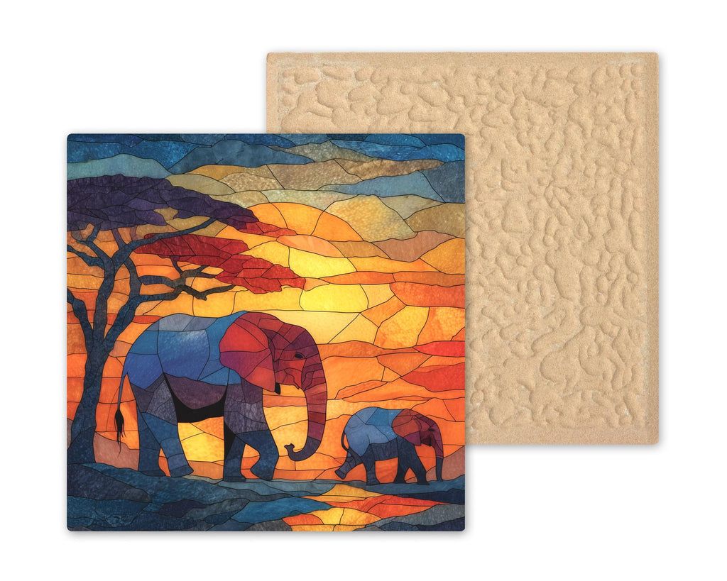 Elephant Family Wall Art Ceramic Tile Stained Glass Style Safari Gift African Wildlife Nature Decor Art