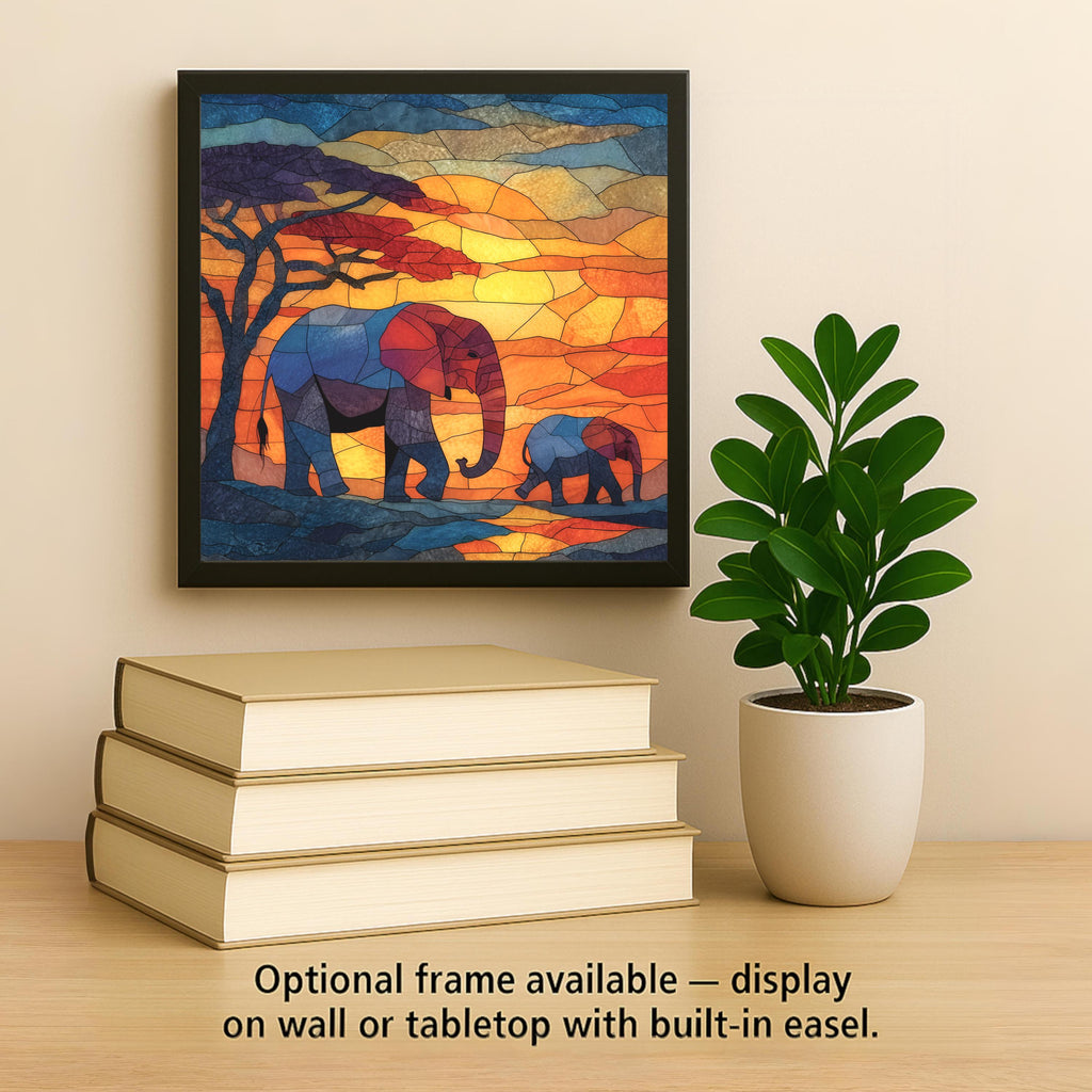 Elephant Family Wall Art Ceramic Tile Stained Glass Style Safari Gift African Wildlife Nature Decor Art