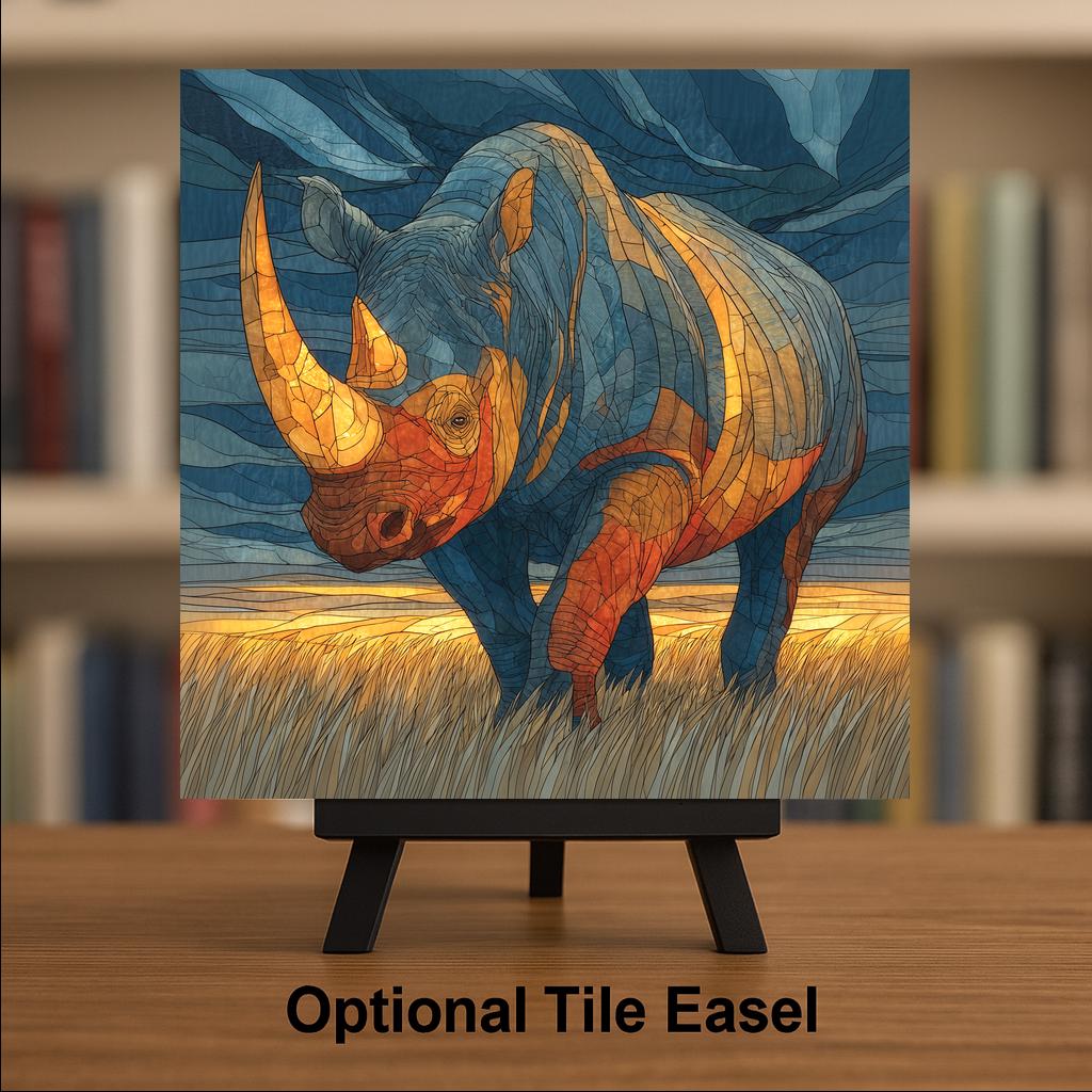 Rhinoceros Wall Art Ceramic Tile Stained Glass Style Safari Wildlife Gift African Conservation Decor