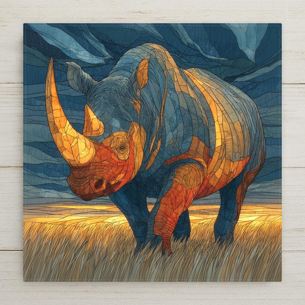 Ceramic art tile depicting a black rhinoceros in profile with prominent horn on the African savanna, rendered in jewel-tone stained glass style with deep blue and amber tones