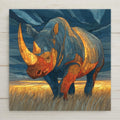 Ceramic art tile depicting a black rhinoceros in profile with prominent horn on the African savanna, rendered in jewel-tone stained glass style with deep blue and amber tones