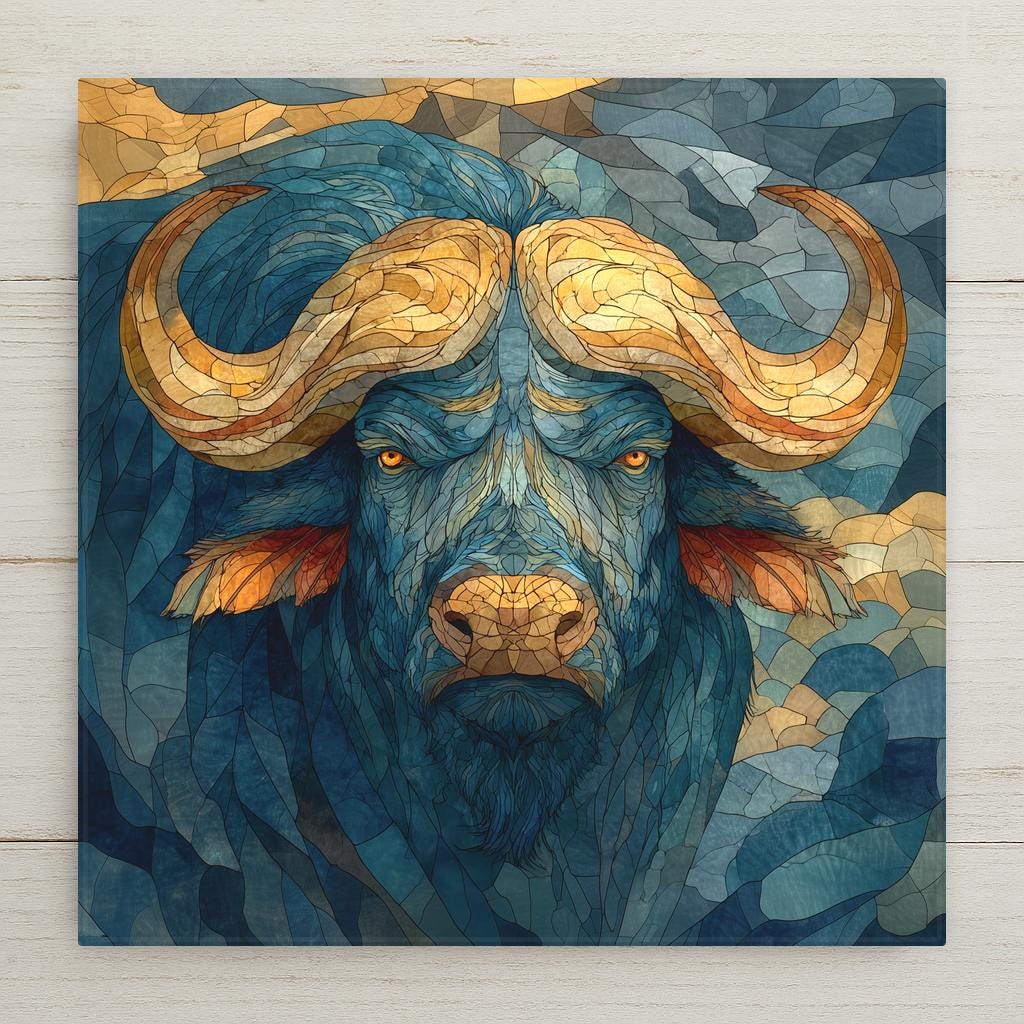 Ceramic art tile depicting a Cape buffalo with massive curved boss horns staring directly forward against a stormy African sky, rendered in jewel-tone stained glass style