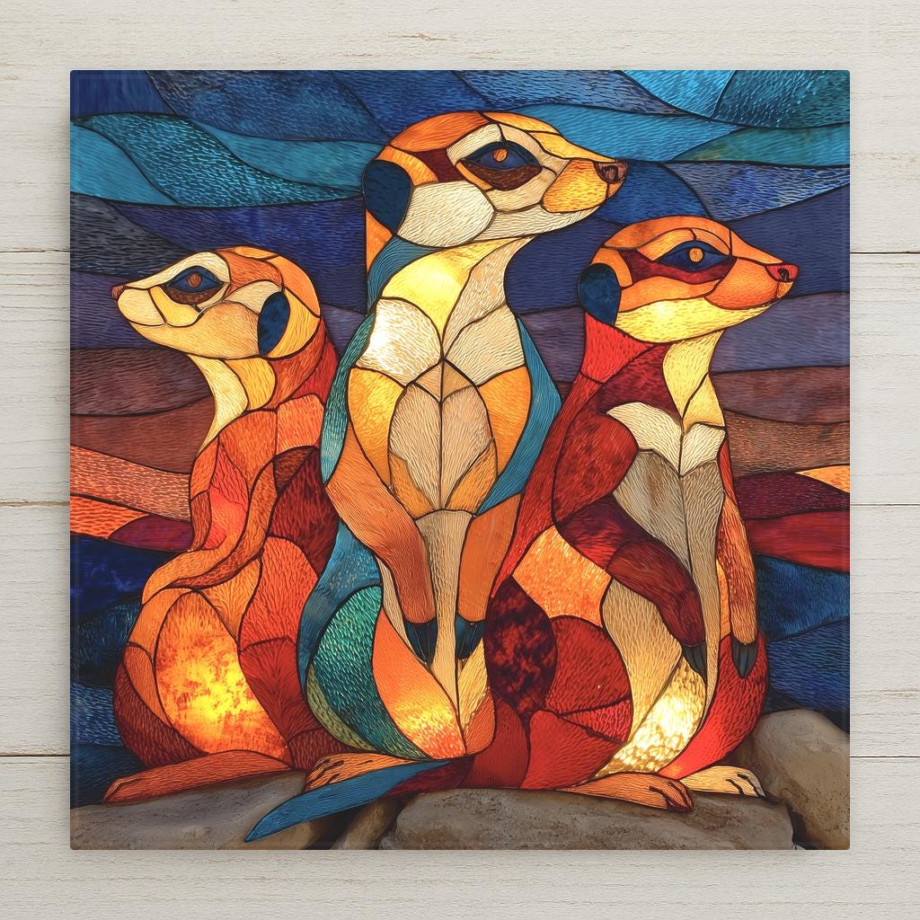 Ceramic art tile depicting three meerkats standing upright on lookout in the Kalahari desert, rendered in jewel-tone stained glass style with warm sandy tones and bright blue sky