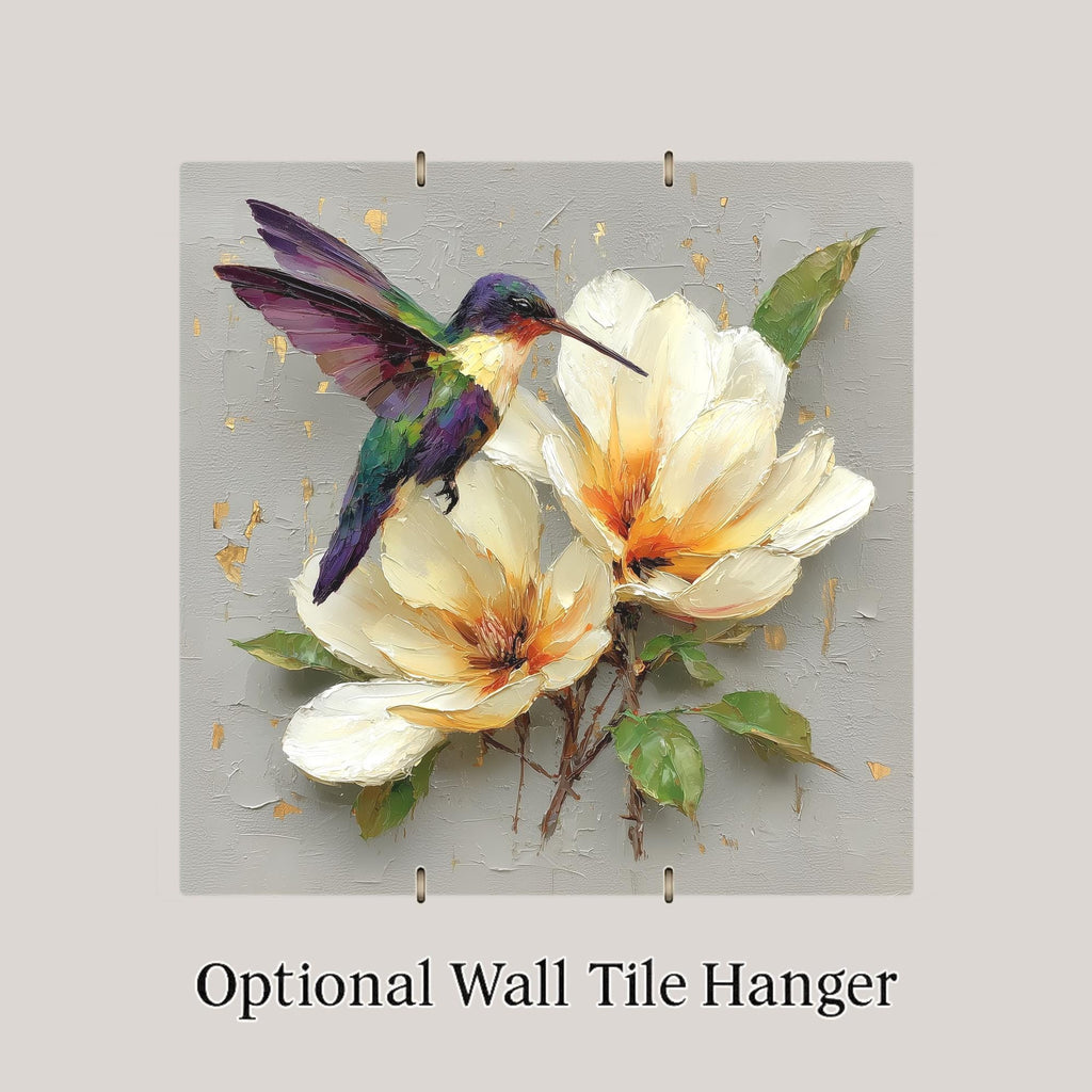 Hummingbird Magnolia Wall Art Ceramic Tile Fine Art Painting Style Bird Lover Gift Birdwatcher Botanical Nature Decor Art Gift for Her