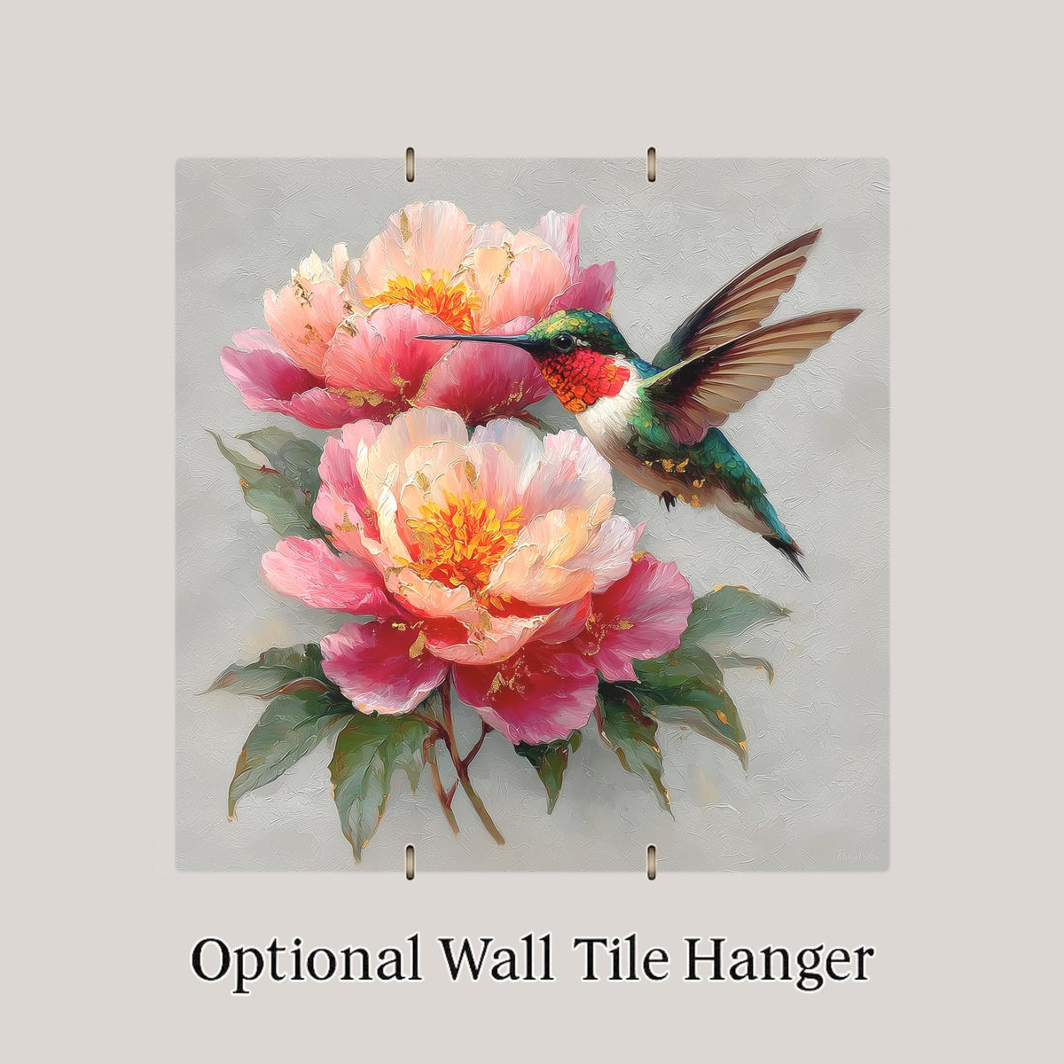 Hummingbird Peony Wall Art Ceramic Tile Fine Art Painting Style Bird Lover Gift Birdwatcher Botanical Floral Nature Decor Art Gift for Her