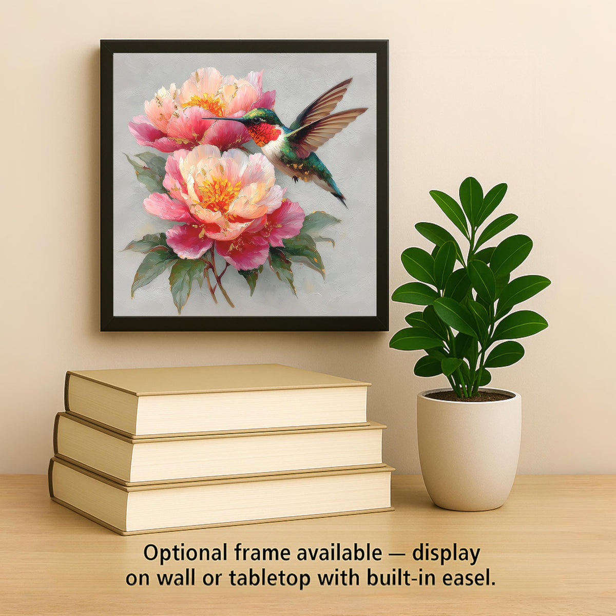 Hummingbird Peony Wall Art Ceramic Tile Fine Art Painting Style Bird Lover Gift Birdwatcher Botanical Floral Nature Decor Art Gift for Her