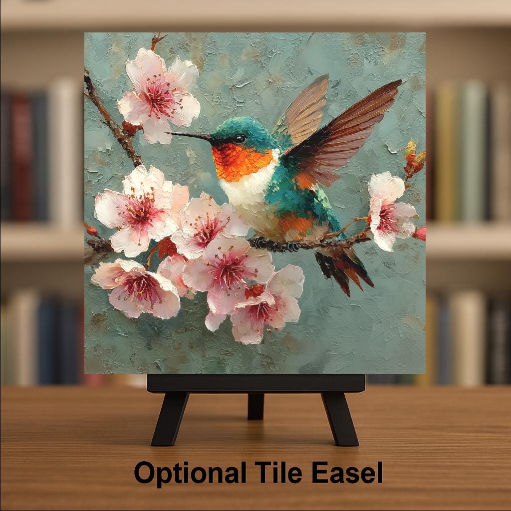 Hummingbird Cherry Blossom Wall Art Ceramic Tile Fine Art Painting Style Bird Lover Gift Birdwatcher Botanical Nature Decor Art Gift for Her