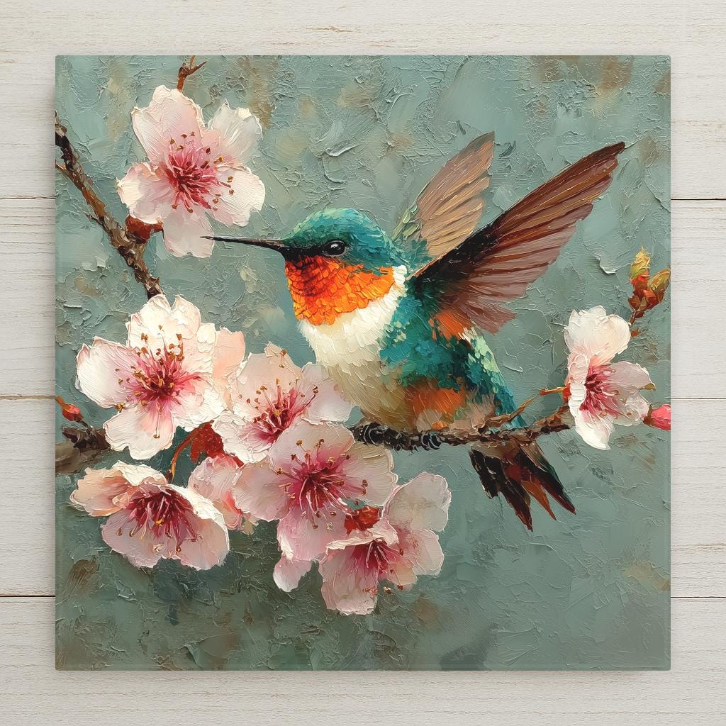 Ceramic art tile depicting a rufous hummingbird with copper and green plumage hovering amid pale pink cherry blossom clusters in fine art oil painting style with gold leaf accents