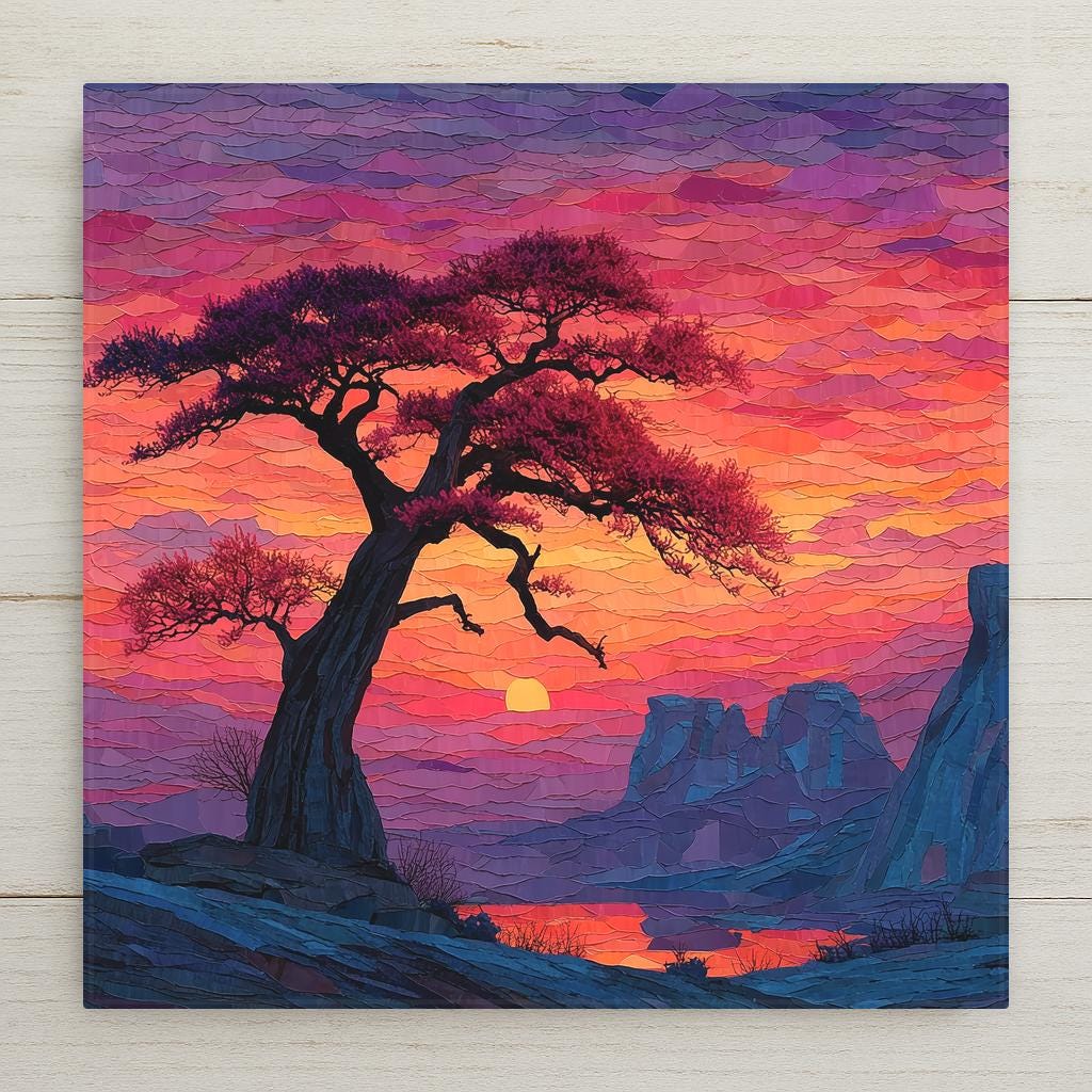 Ceramic art tile depicting a lone ancient baobab tree silhouetted against a blazing orange and purple African sunset, rendered in jewel-tone stained glass style