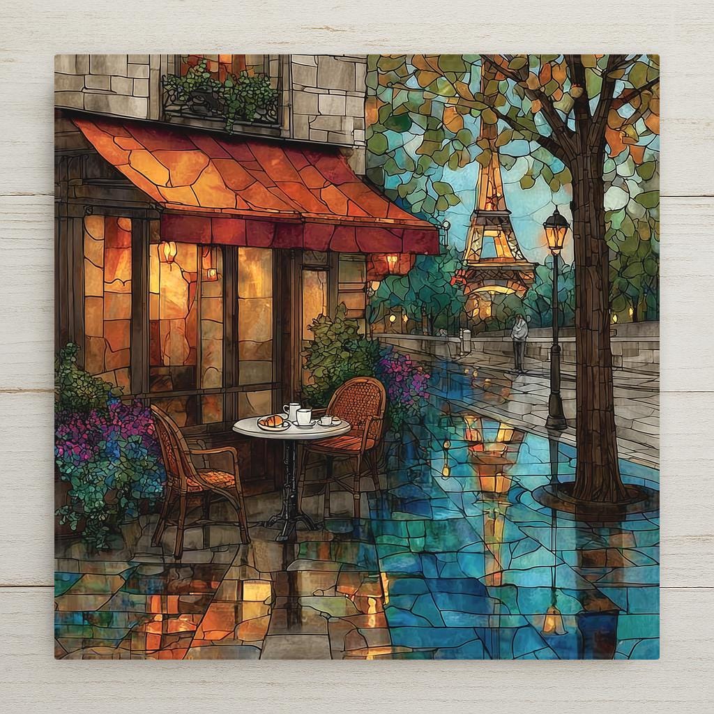Ceramic art tile depicting a charming Parisian sidewalk café scene with a small table, espresso cups, fresh croissants and a glimpse of the Eiffel Tower, rendered in jewel-tone stained glass style with warm ochre and cobalt tones