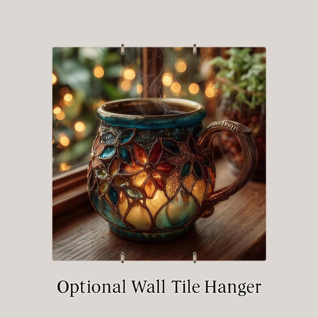 Coffee Mug Wall Art Ceramic Tile Stained Glass Style Coffee Lover Gift Morning Decor Kitchen Art Gift for Her Cozy