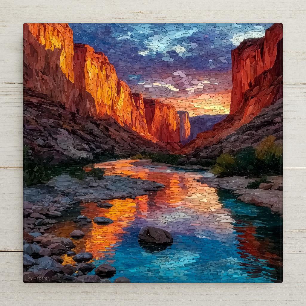 Stained glass style Moab Utah ceramic tile depicting red sandstone canyon walls glowing at sunset above the Colorado River winding through the desert floor, rendered in jewel-tone warm reds, deep amber, and cobalt with luminous leaded glass lines.