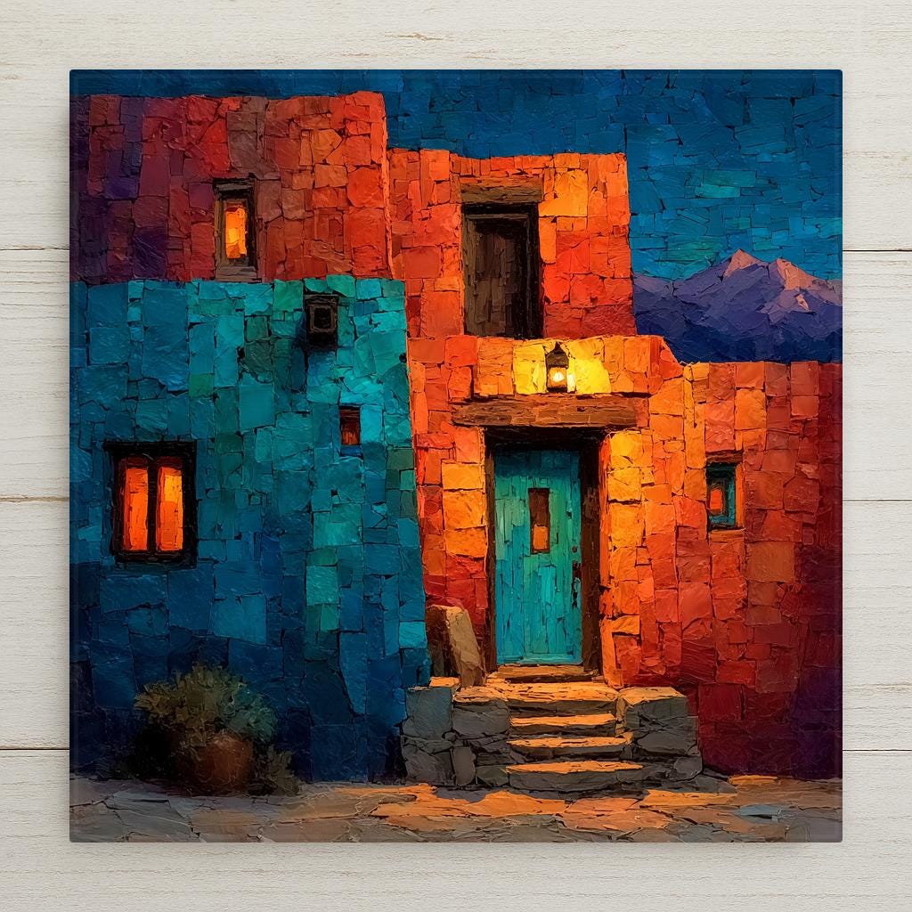 Stained glass style Santa Fe ceramic tile depicting adobe pueblo architecture glowing ochre and terracotta under a deep cobalt New Mexico sky, with a turquoise door set into an earthen wall and the Sangre de Cristo mountains in the distance.