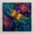 Stained glass style ceramic tile of a golden amber dragonfly with glowing orange-red wings resting on a dense field of blue, purple, and blush-mauve hydrangea florets, outlined throughout in luminous copper and gold leaded lines.