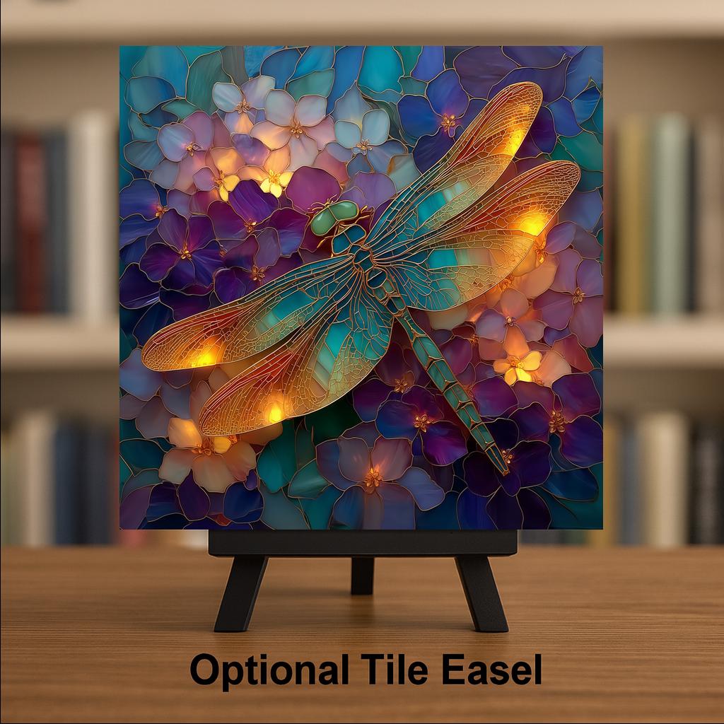 Dragonfly Hydrangea Ceramic Art Tile – Stained Glass Style, Purple Floral Botanical, Dragonfly Lover, Garden Art