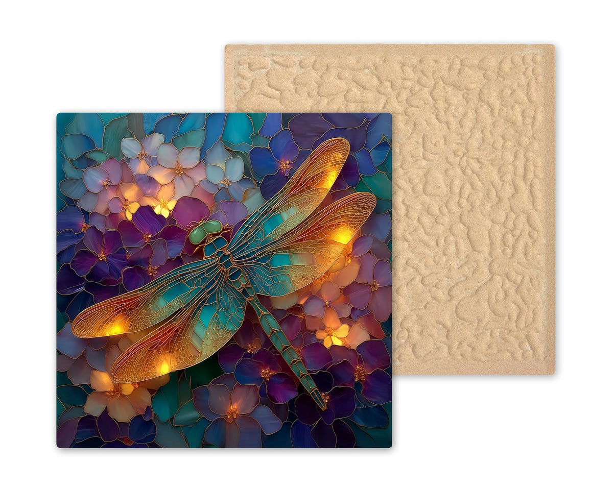 Dragonfly Hydrangea Ceramic Art Tile – Stained Glass Style, Purple Floral Botanical, Dragonfly Lover, Garden Art