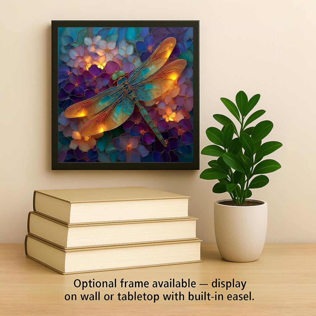 Dragonfly Hydrangea Ceramic Art Tile – Stained Glass Style, Purple Floral Botanical, Dragonfly Lover, Garden Art