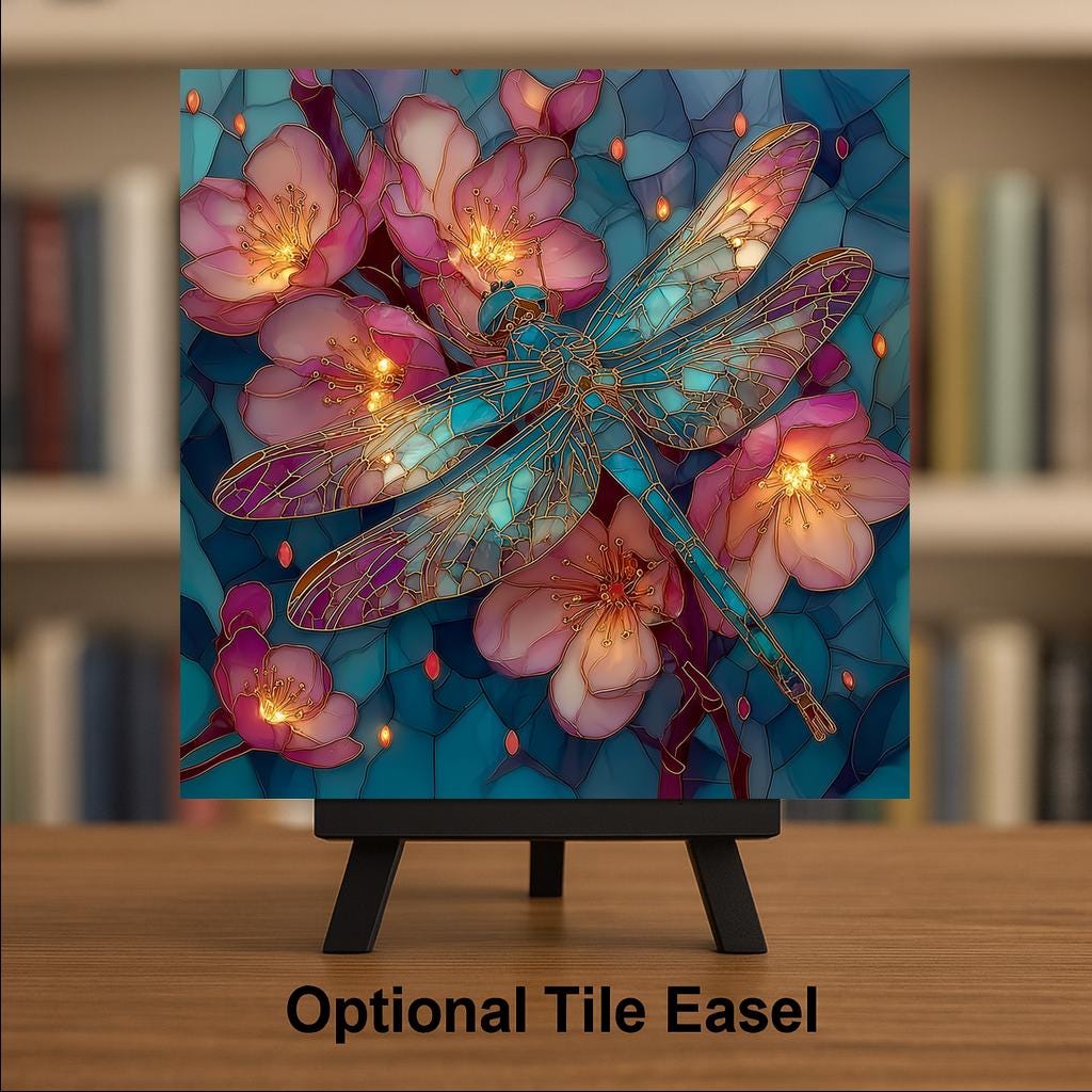Dragonfly Cherry Blossom Wall Art Ceramic Tile Stained Glass Style Japanese Art Sakura Spring Gift Decor