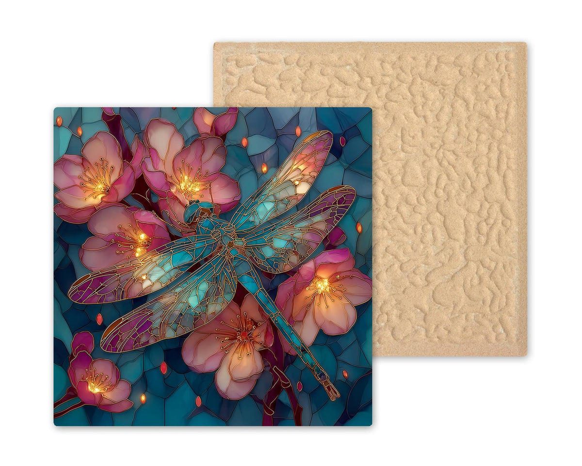 Dragonfly Cherry Blossom Wall Art Ceramic Tile Stained Glass Style Japanese Art Sakura Spring Gift Decor