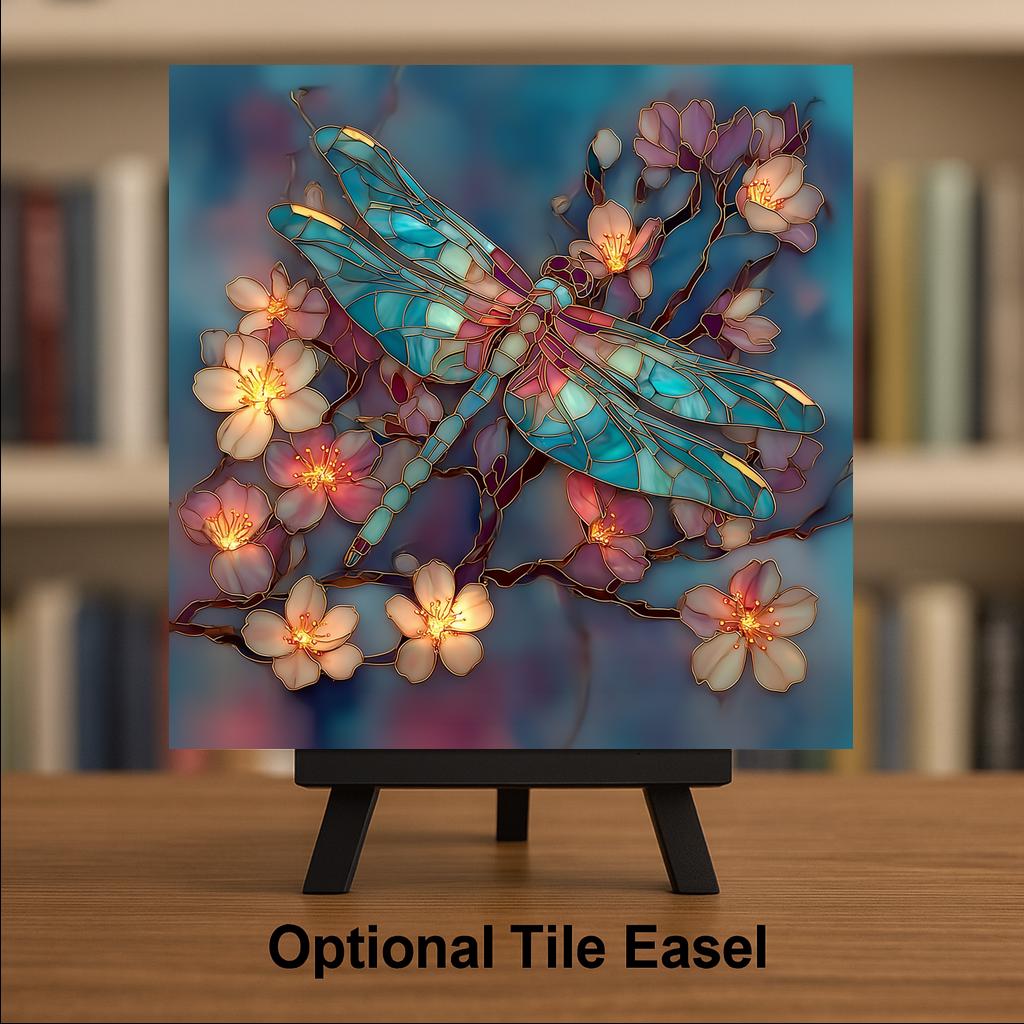 Dragonfly Cherry Blossom Ceramic Art Tile – Stained Glass Style, Memorial Sympathy Gift, Dragonfly Lover Botanical Art