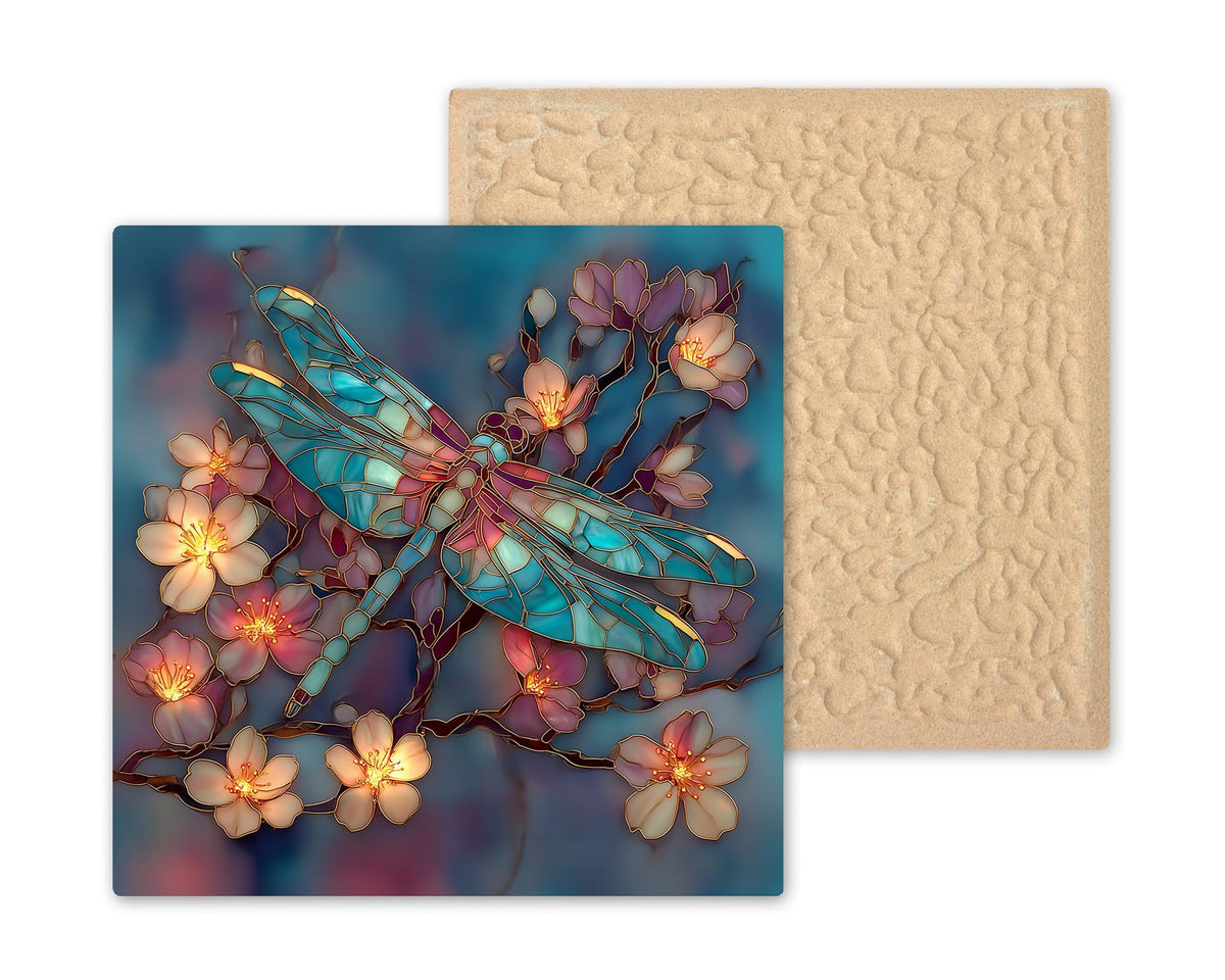 Dragonfly Cherry Blossom Ceramic Art Tile – Stained Glass Style, Memorial Sympathy Gift, Dragonfly Lover Botanical Art