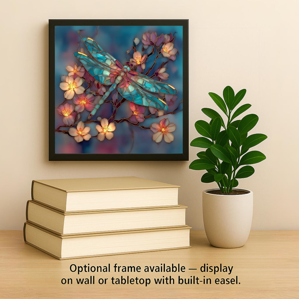 Dragonfly Cherry Blossom Ceramic Art Tile – Stained Glass Style, Memorial Sympathy Gift, Dragonfly Lover Botanical Art