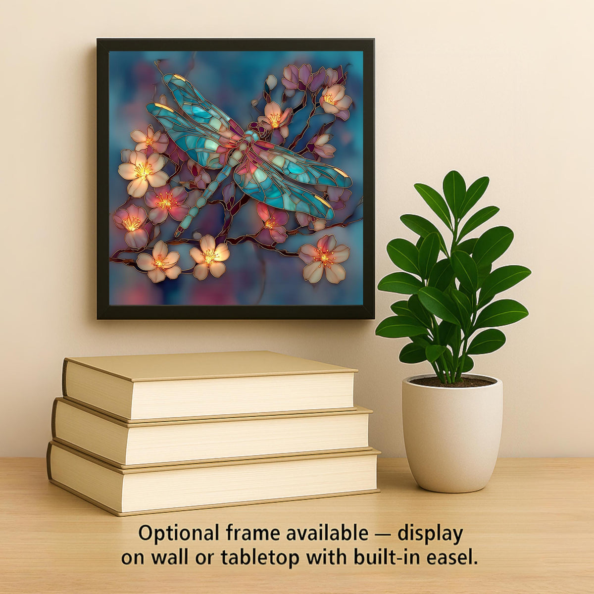 Dragonfly Cherry Blossom Ceramic Art Tile – Stained Glass Style, Memorial Sympathy Gift, Dragonfly Lover Botanical Art