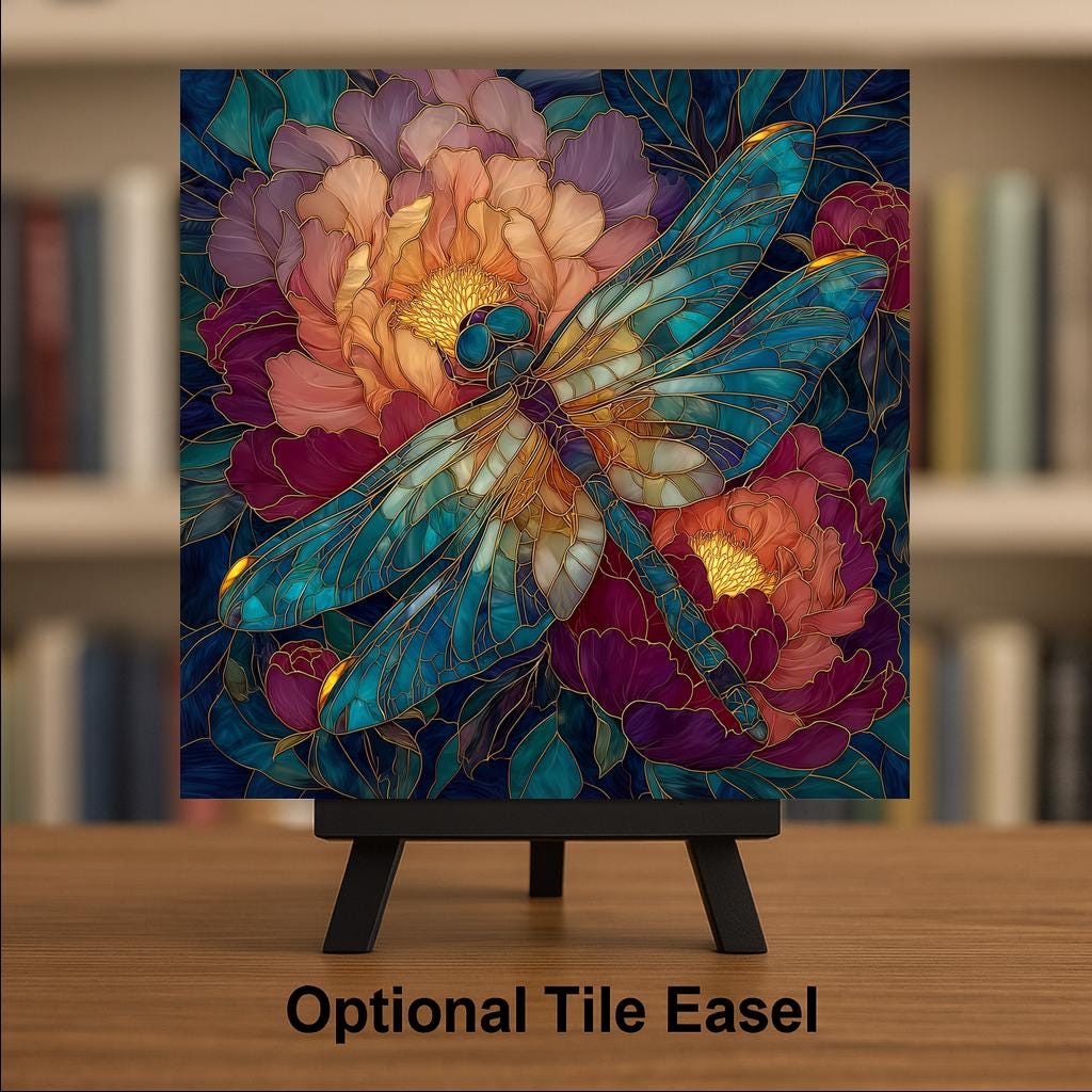 Dragonfly Peony Wall Art Ceramic Tile Stained Glass Style Botanical Floral Garden Nature Gift Decor Art