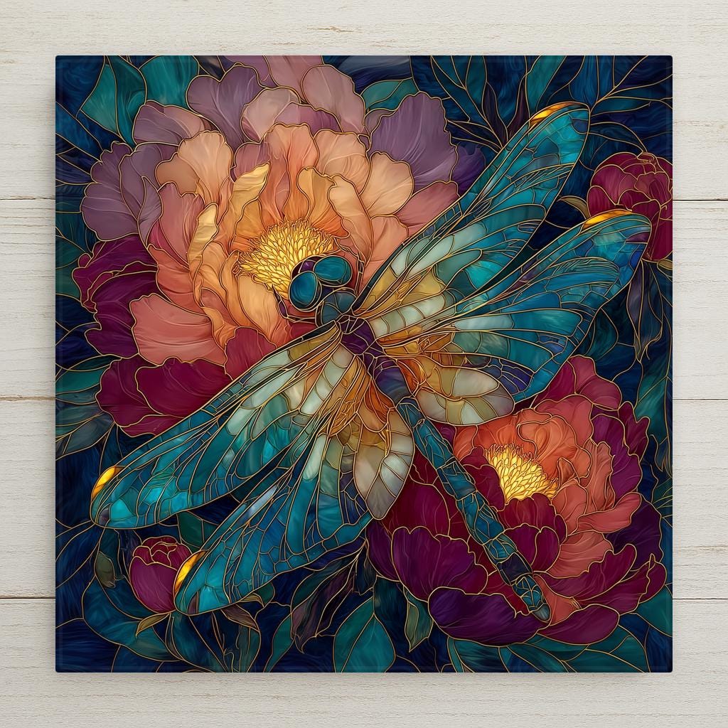 Stained glass style ceramic tile of a teal dragonfly with translucent wings centered on a large blush and peach peony bloom with a glowing golden stamen, surrounded by deep burgundy-rose peony blooms and emerald leaded glass leaves on a dark navy background.