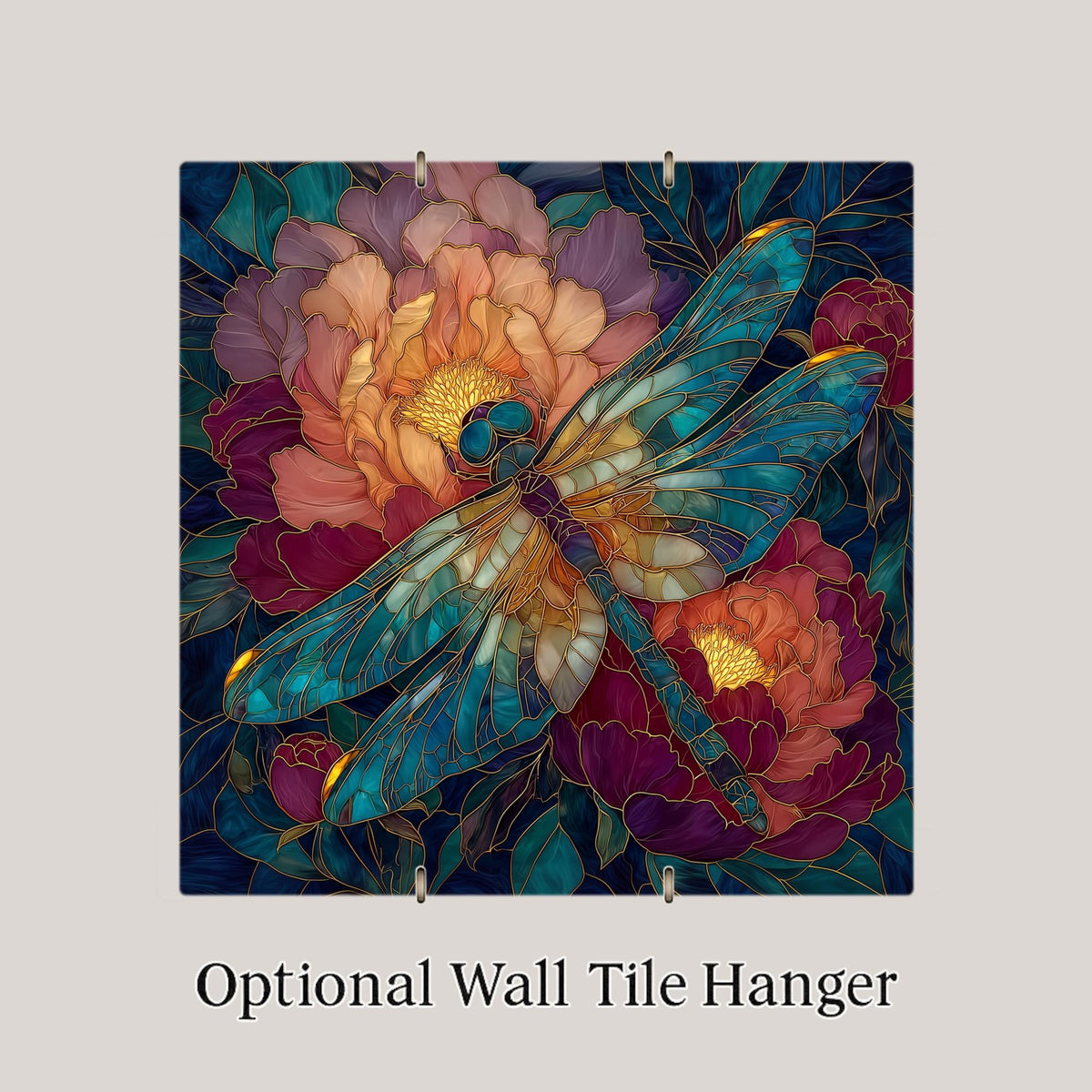 Dragonfly Peony Wall Art Ceramic Tile Stained Glass Style Botanical Floral Garden Nature Gift Decor Art