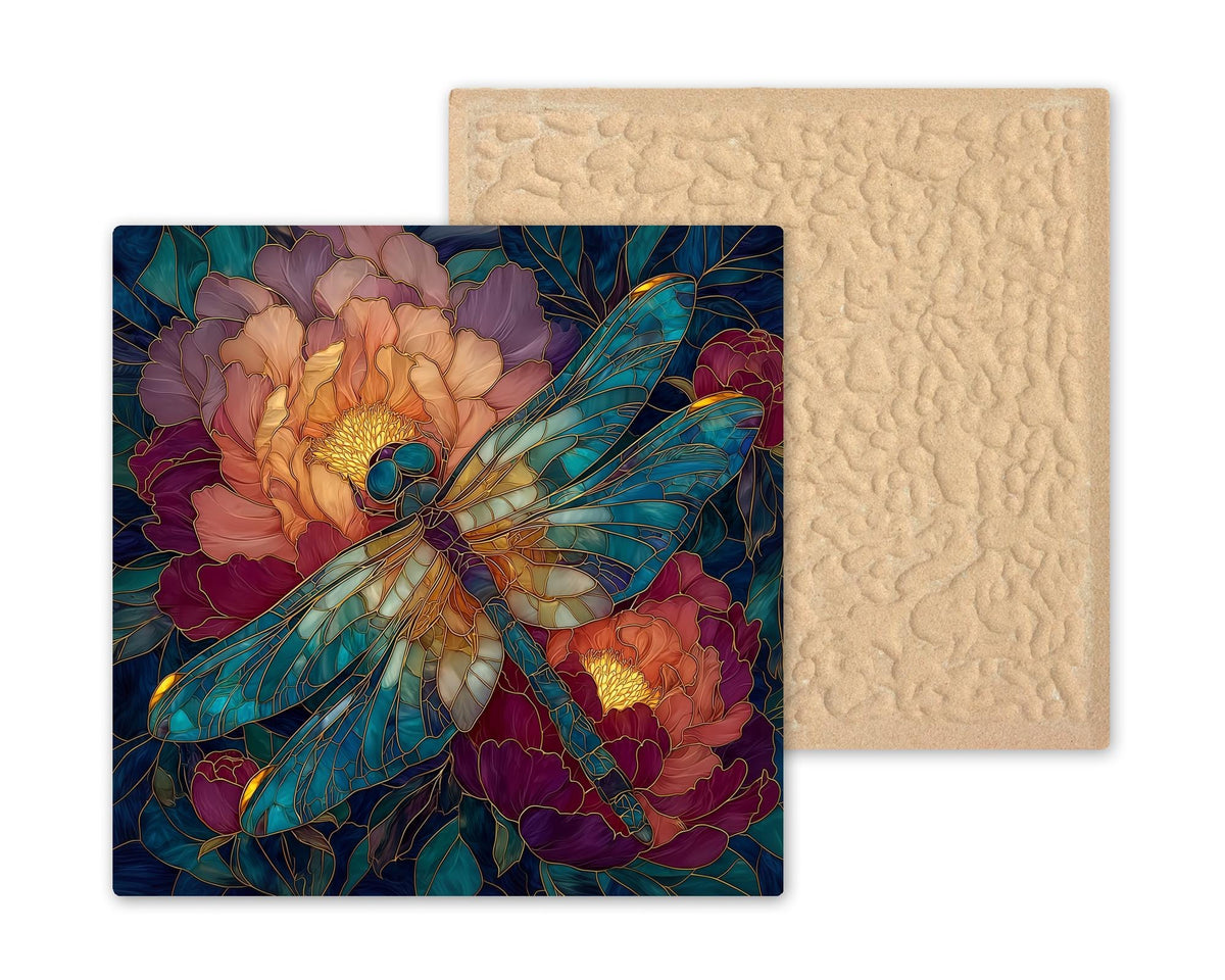 Dragonfly Peony Wall Art Ceramic Tile Stained Glass Style Botanical Floral Garden Nature Gift Decor Art
