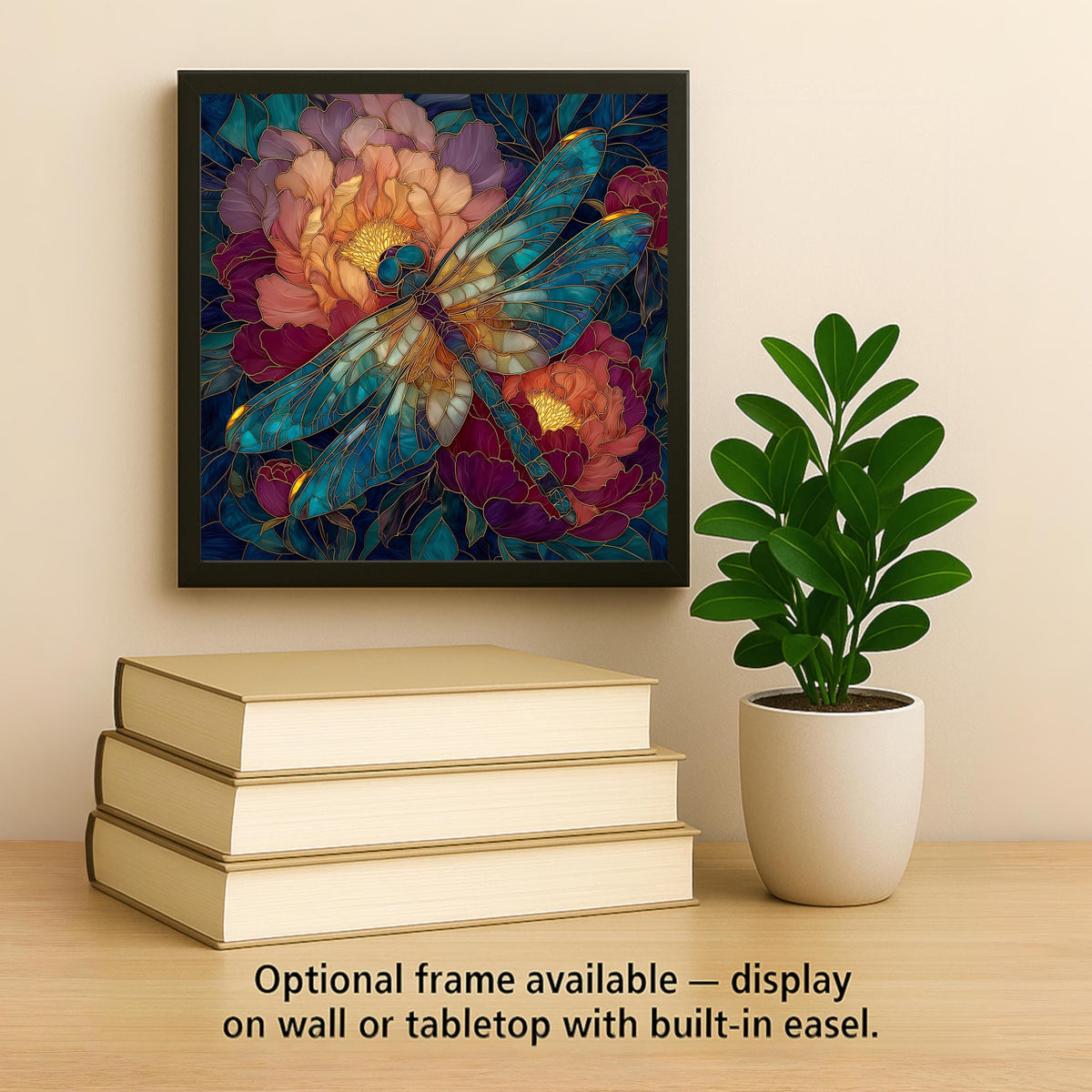 Dragonfly Peony Wall Art Ceramic Tile Stained Glass Style Botanical Floral Garden Nature Gift Decor Art