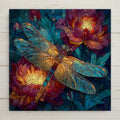 Stained glass style ceramic tile of a golden-amber dragonfly with teal wing accents resting on deep burgundy and purple peony blooms with glowing golden stamens, against a sparkling deep teal background with scattered light points, rendered in rich jewel-tone wine reds and cobalt.