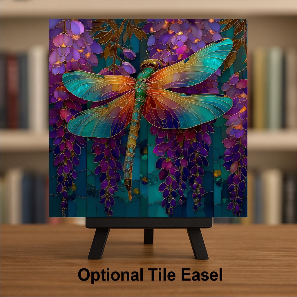 Dragonfly Wisteria Wall Art Ceramic Tile Stained Glass Style Purple Garden Memorial Gift Nature Decor
