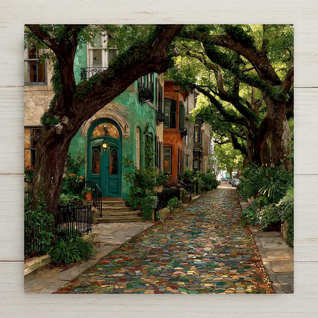 Stained glass style Savannah Georgia ceramic tile depicting a moss-draped live oak arching over a historic cobblestone square, with antebellum homes glowing warmly behind wrought iron fences, rendered in deep jewel-tone greens, golds, and teals.