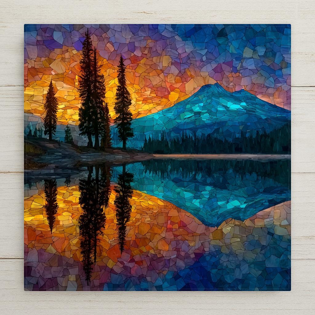 Stained glass style Bend Oregon ceramic tile depicting Mount Bachelor and the Three Sisters volcanoes reflected in the Deschutes River at golden hour, with ponderosa pines lining the shore and a warm amber high desert sky, rendered in jewel-tone deep blues, pine greens, and volcanic amber.