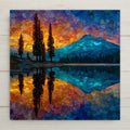 Stained glass style Bend Oregon ceramic tile depicting Mount Bachelor and the Three Sisters volcanoes reflected in the Deschutes River at golden hour, with ponderosa pines lining the shore and a warm amber high desert sky, rendered in jewel-tone deep blues, pine greens, and volcanic amber.