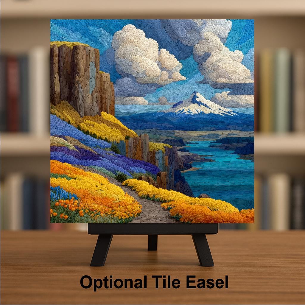 Columbia River Gorge Wall Art Ceramic Tile Stained Glass Style Oregon Gift Scenic Waterway Decor Place Identity