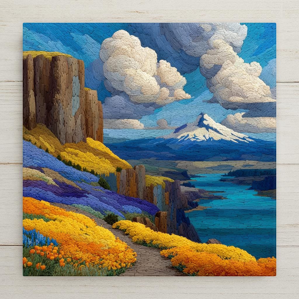 Stained glass style Columbia River Gorge ceramic tile depicting the river cutting through towering basalt cliff walls draped in spring wildflowers, with Mount Hood snow-capped in the distance and dramatic clouds above, rendered in jewel-tone greens, cobalt blues, and warm volcanic grays.