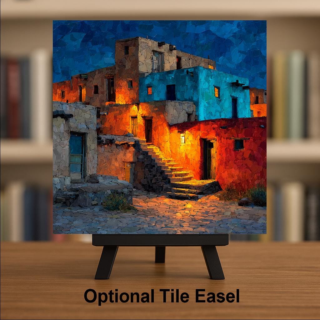 Taos Pueblo Night Wall Art Ceramic Tile Stained Glass Style New Mexico Gift Southwest Adobe Place Identity