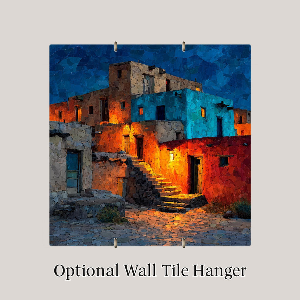 Taos Pueblo Night Wall Art Ceramic Tile Stained Glass Style New Mexico Gift Southwest Adobe Place Identity