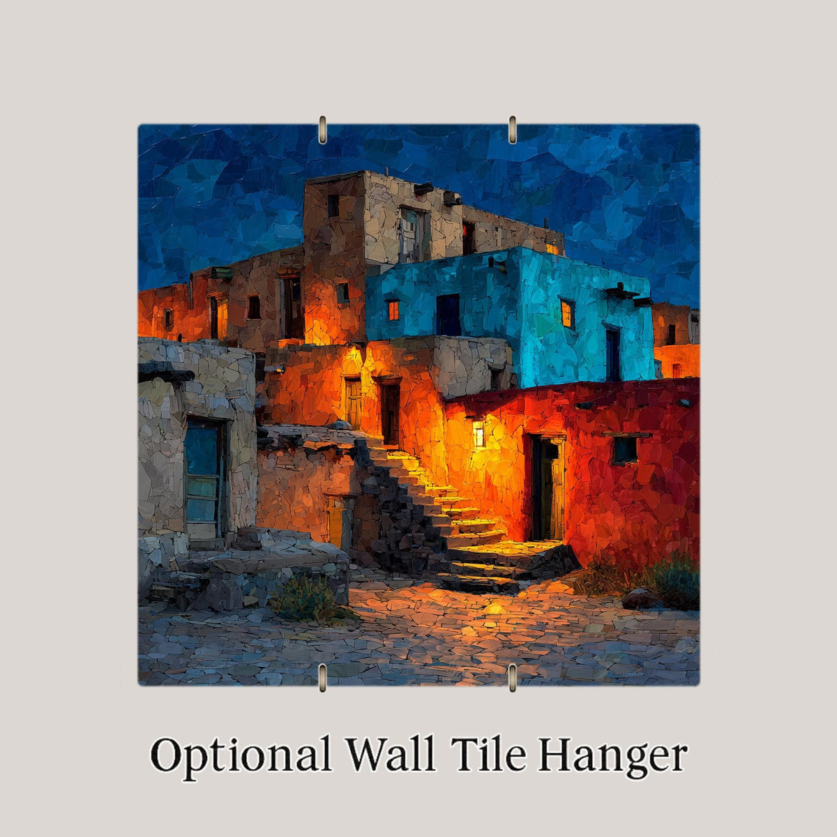 Taos Pueblo Night Wall Art Ceramic Tile Stained Glass Style New Mexico Gift Southwest Adobe Place Identity
