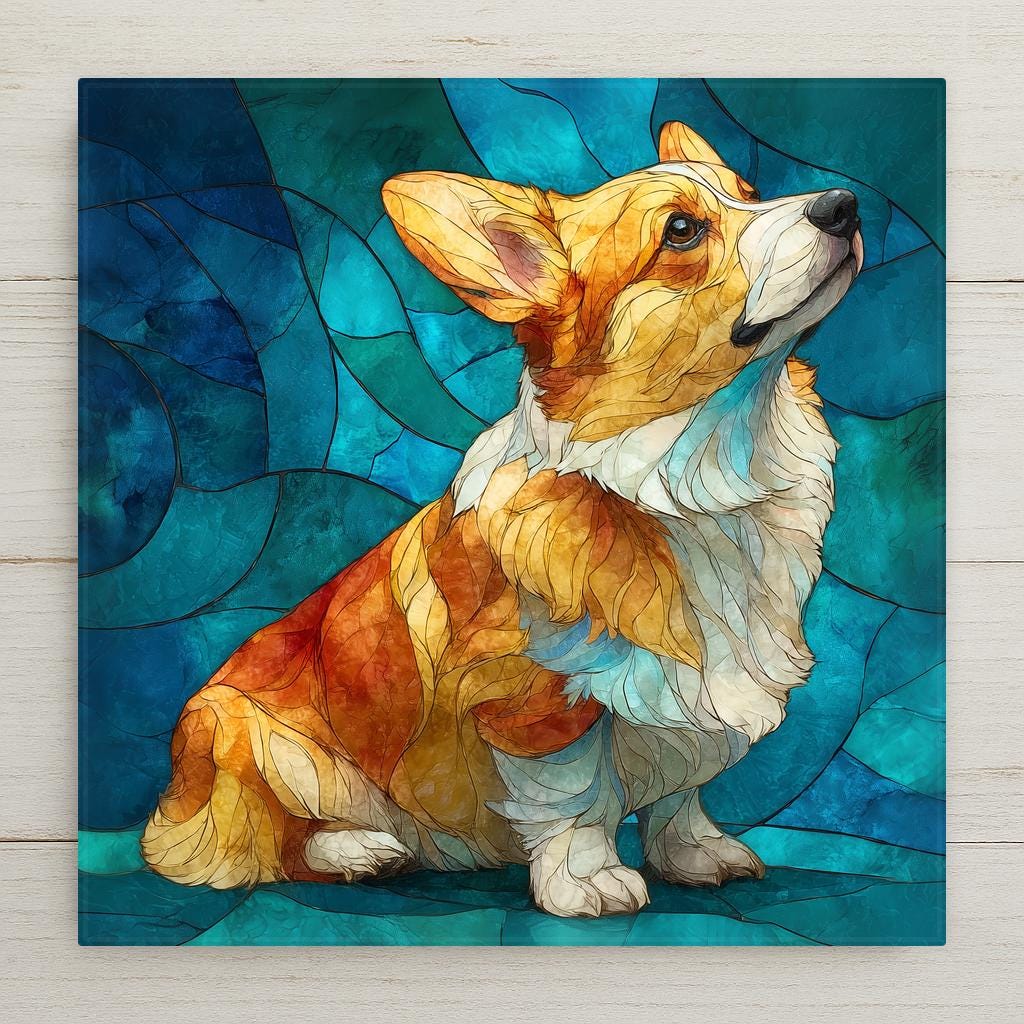 Stained glass style ceramic tile of a fluffy Pembroke Welsh Corgi with a golden-and-white coat sitting upright, rendered in warm jewel-tone golds, creams, and amber with luminous copper leaded lines and a deep teal background.