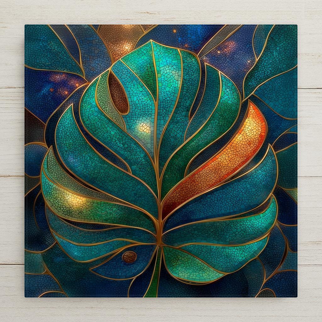 Stained glass style ceramic tile of a large Monstera deliciosa leaf with dramatic split lobes and perforations rendered in deep jewel-tone emerald and jade greens with luminous gold leaded lines, against a rich cobalt and teal background.