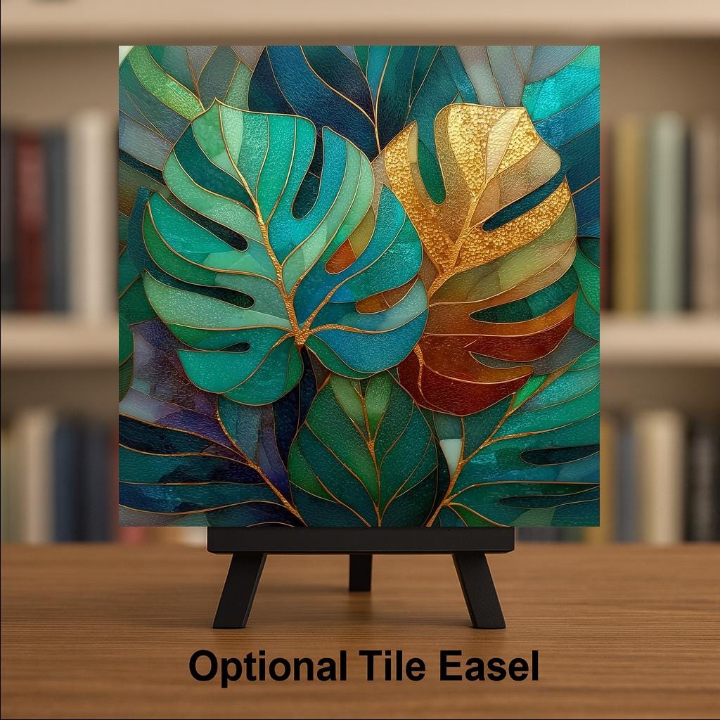 Monstera Leaf Wall Art Ceramic Tile Stained Glass Style Green Tropical Modern Home Botanical Decor Art