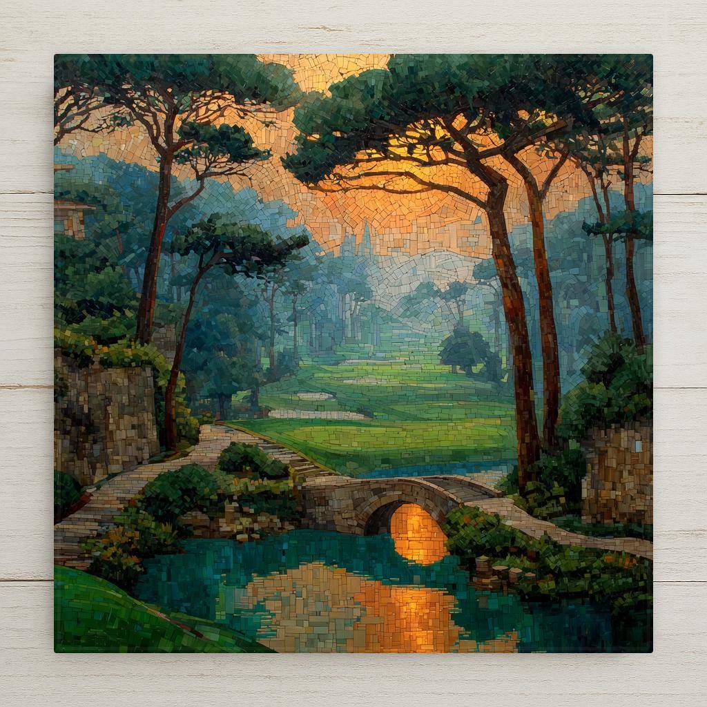 Stained glass style ceramic tile of a golf green at golden hour with a lone golfer mid-swing silhouetted against a dramatic amber and rose sunset sky, with rolling fairway hills and a distant flag rendered in jewel-tone greens, golds, and warm amber.