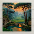 Stained glass style ceramic tile of a golf green at golden hour with a lone golfer mid-swing silhouetted against a dramatic amber and rose sunset sky, with rolling fairway hills and a distant flag rendered in jewel-tone greens, golds, and warm amber.