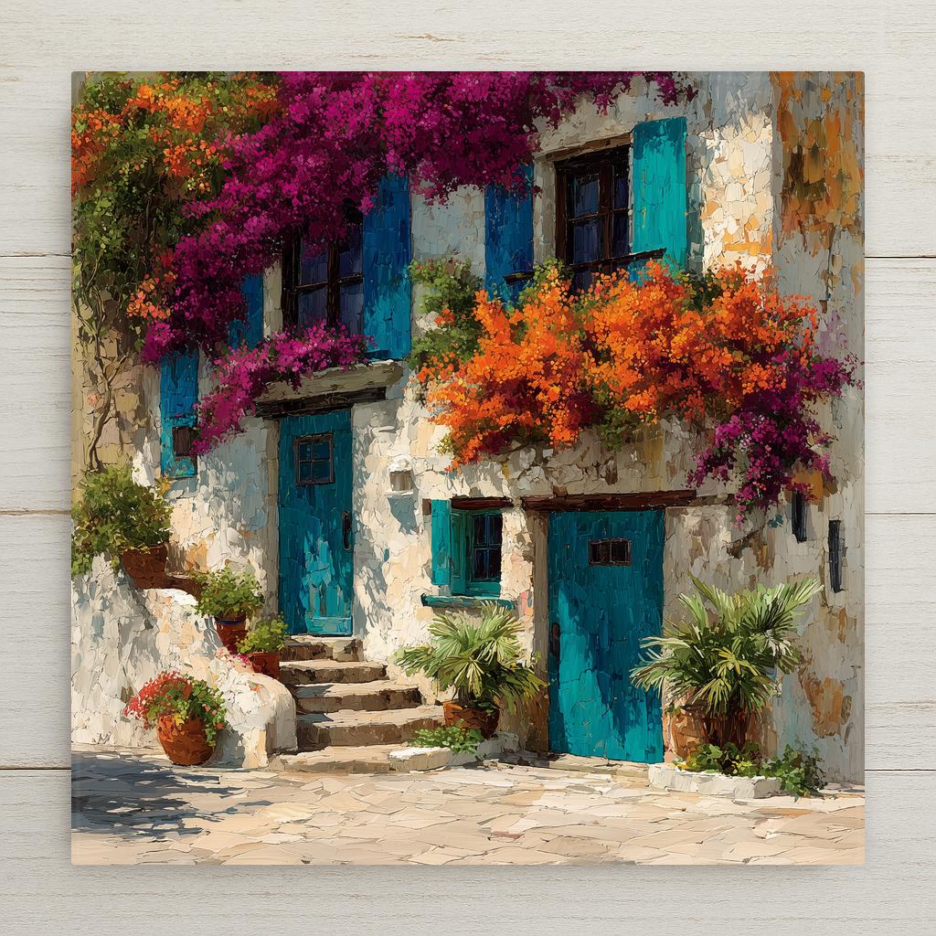 Stained glass style ceramic tile of vibrant bougainvillea cascading over a white stucco wall with deep cobalt blue shutters, rendered in vivid jewel-tone magenta, fuchsia, and coral with luminous gold leaded lines and a warm Mediterranean light.