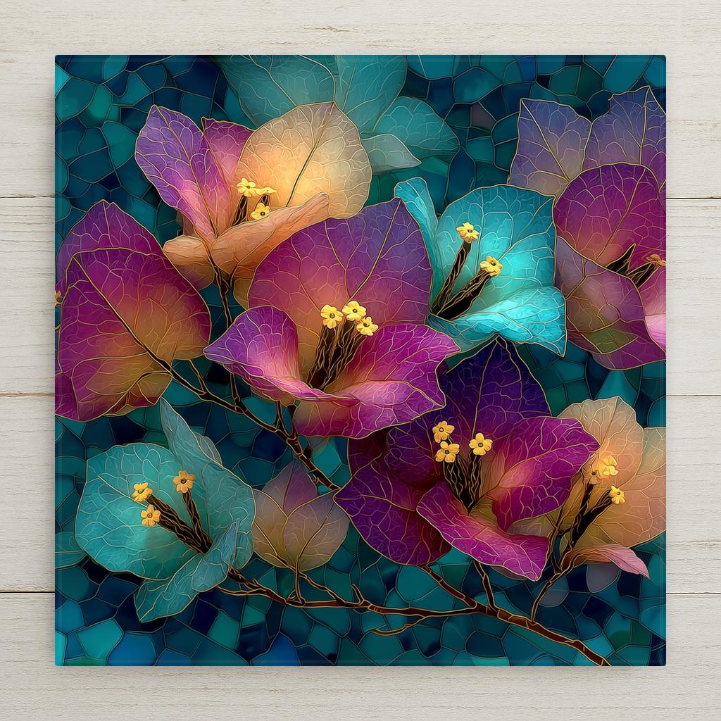 Stained glass style ceramic tile of bougainvillea branches filling the frame with layered blooms in deep magenta, hot pink, and soft blush, rendered in jewel-tone pinks and purples with luminous copper leaded lines and a deep teal background.